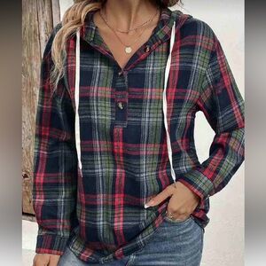 SHEIN Women's Casual Drawstring Hooded Checkered flannel red blue button green
